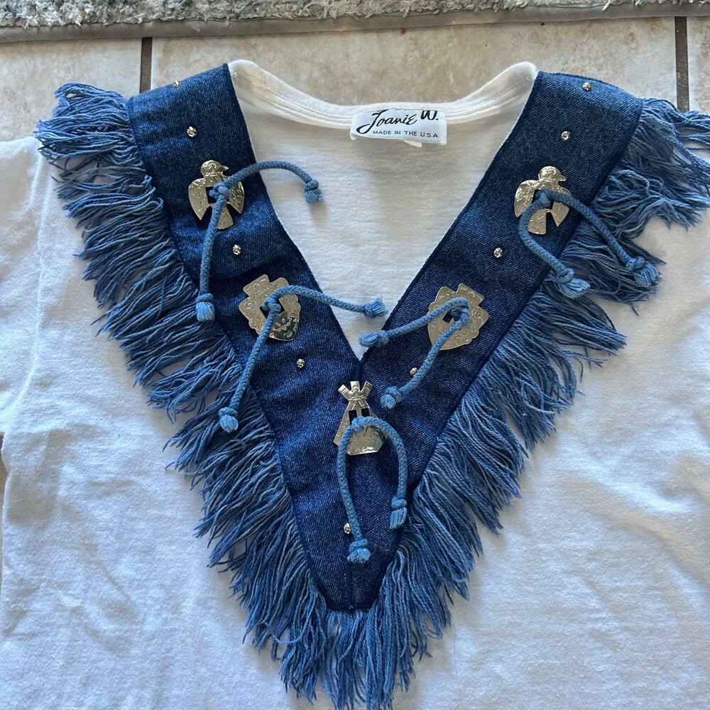 Vintage Joanie W Denim Fringe Western T-Shirt Made in USA western style classic - Picture 2 of 11